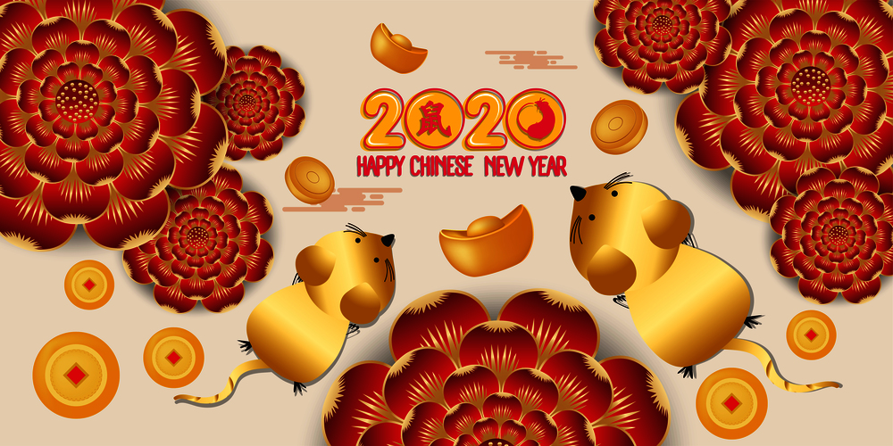 Happy New Year 2020. Chinese New Year blossom background. The year of the rat. Translation Mouse