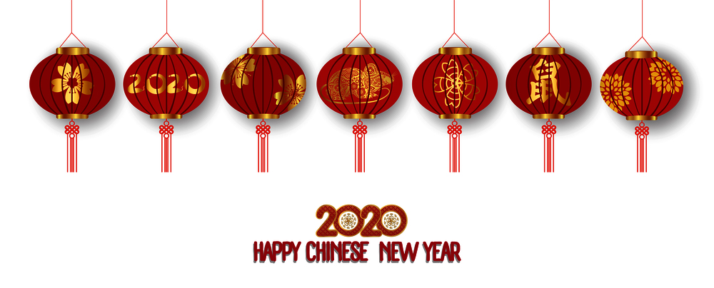 Happy Chinese New Year 2020 Background with Lanterns isolated on white background. Translation Mouse
