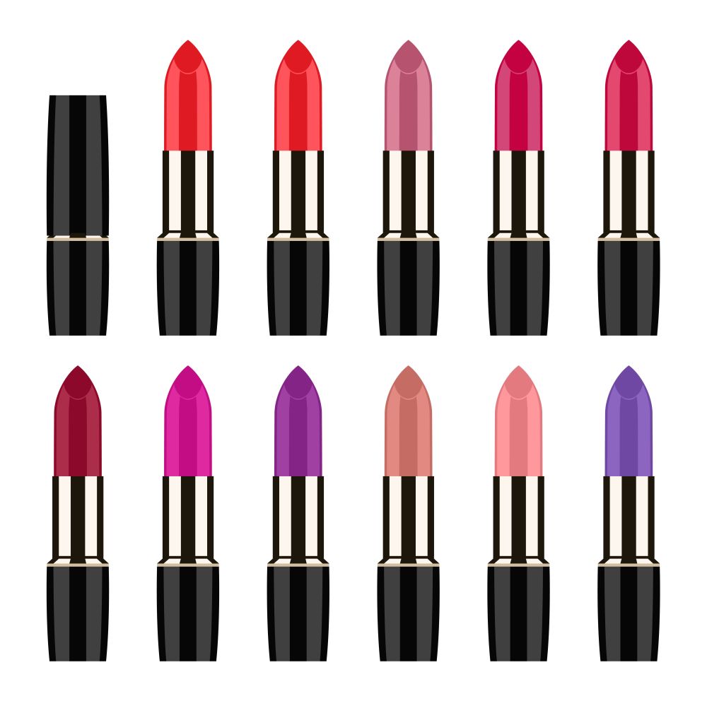 vector makeup set isolated on white background: colorful closed lipstick tube and opened lipsticks