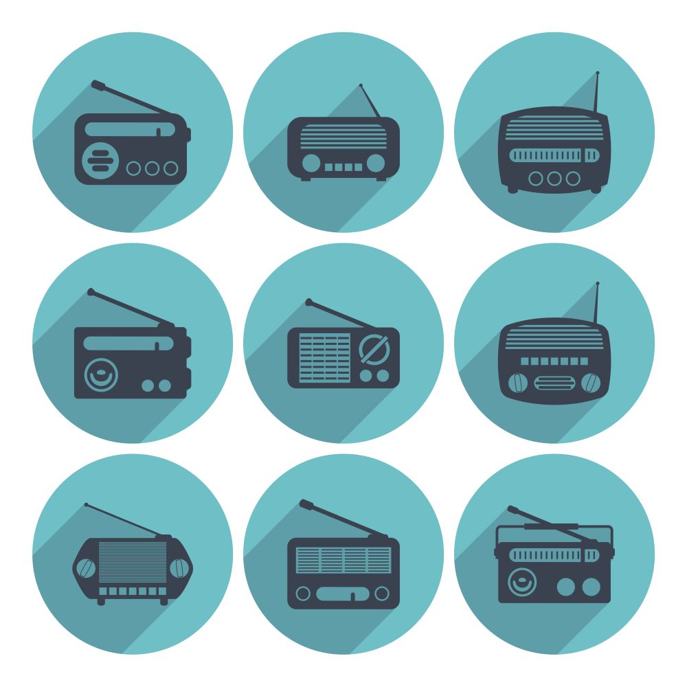 vector set of radio icons, flat style. retro design, isolated on white background