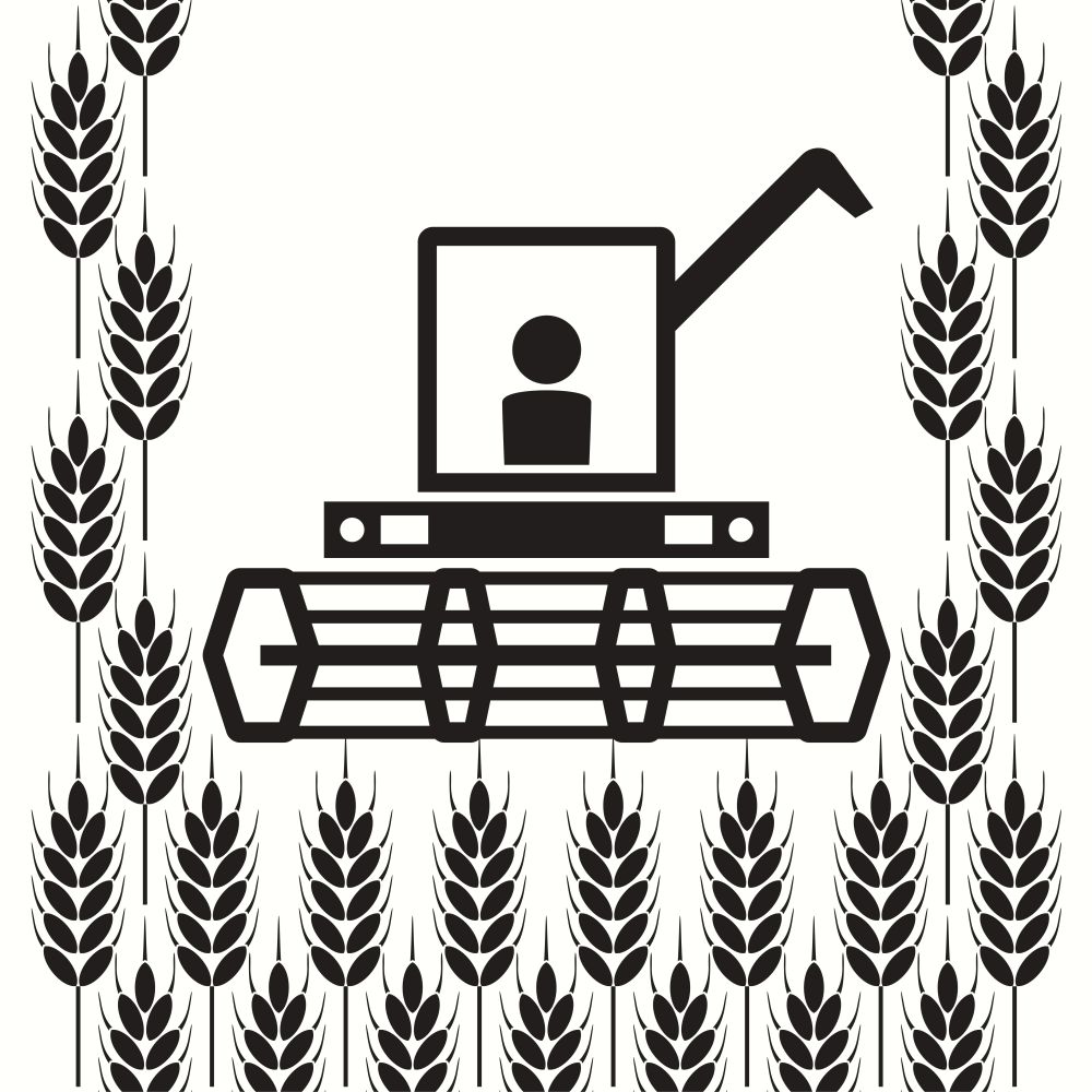 vector icon of combine harvester and wheat ears, black and white agricultural background, machinery farm harvest industry