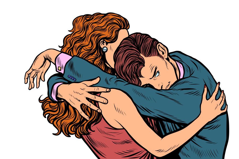 man and woman embrace love. Wife comforting husband. Pop art retro vector illustration drawing. man and woman embrace love. Wife comforting husband