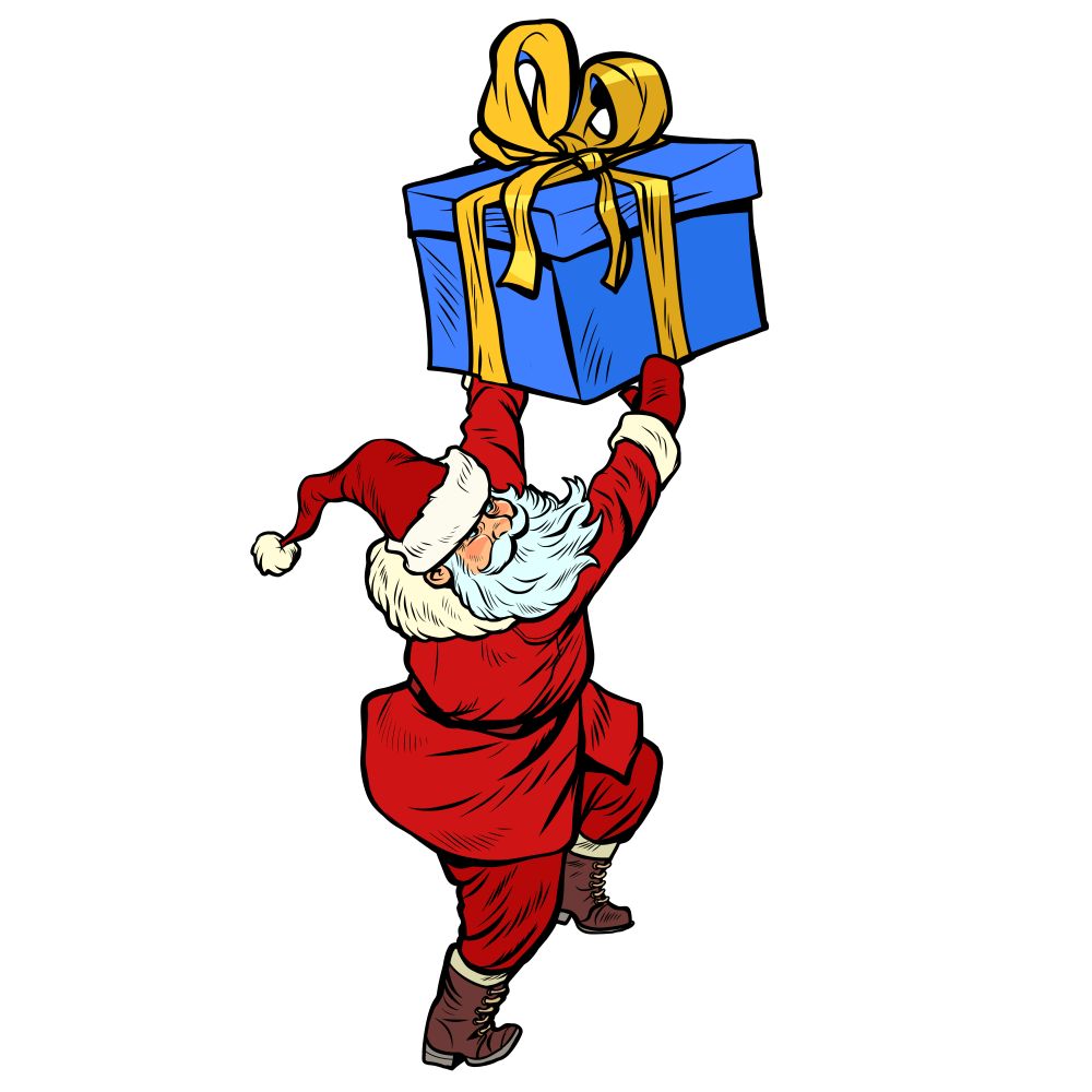 Santa Claus with Christmas gift box. Pop art retro vector illustration kitsch vintage drawing. Santa Claus with Christmas gift box