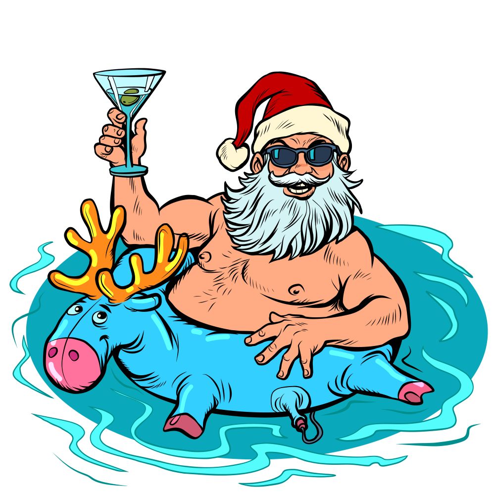 New year party. Santa clays at the resort in the pool with an inflatable deer and a cocktail. merry Christmas and happy new year. Pop art retro vector illustration vintage kitsch drawing 50s 60s. New year party. Santa clays at the resort in the pool with an inflatable deer and a cocktail