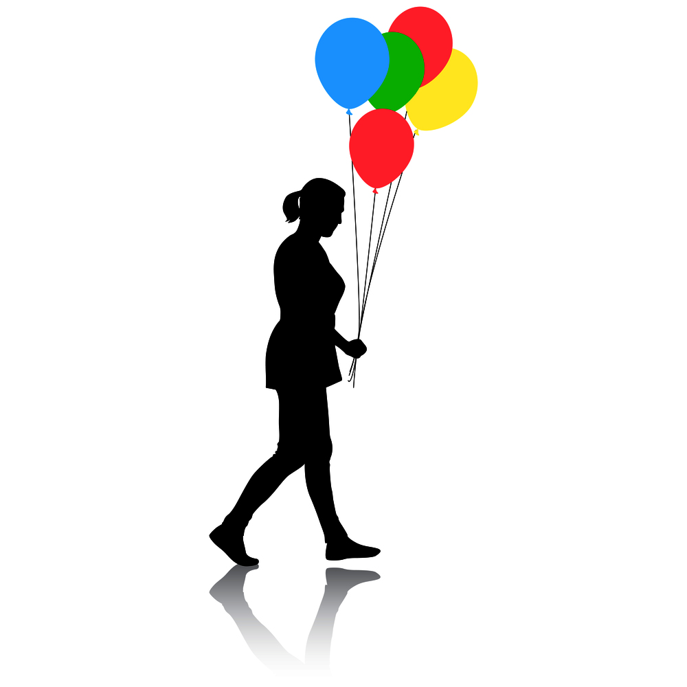 Silhouette of a girl with balloons in hand on a white background.. Silhouette of a girl with balloons in hand on a white background