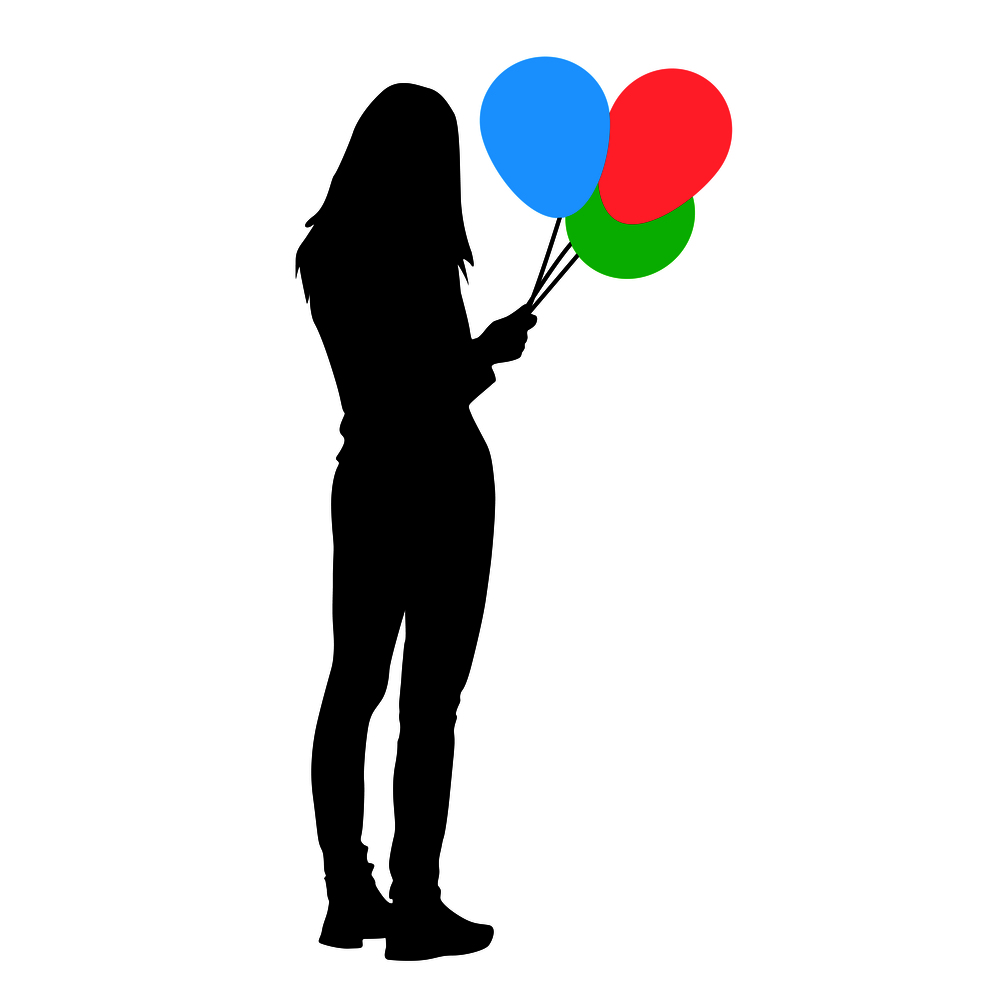 Silhouette of a girl with balloons in hand on a white background.. Silhouette of a girl with balloons in hand on a white background