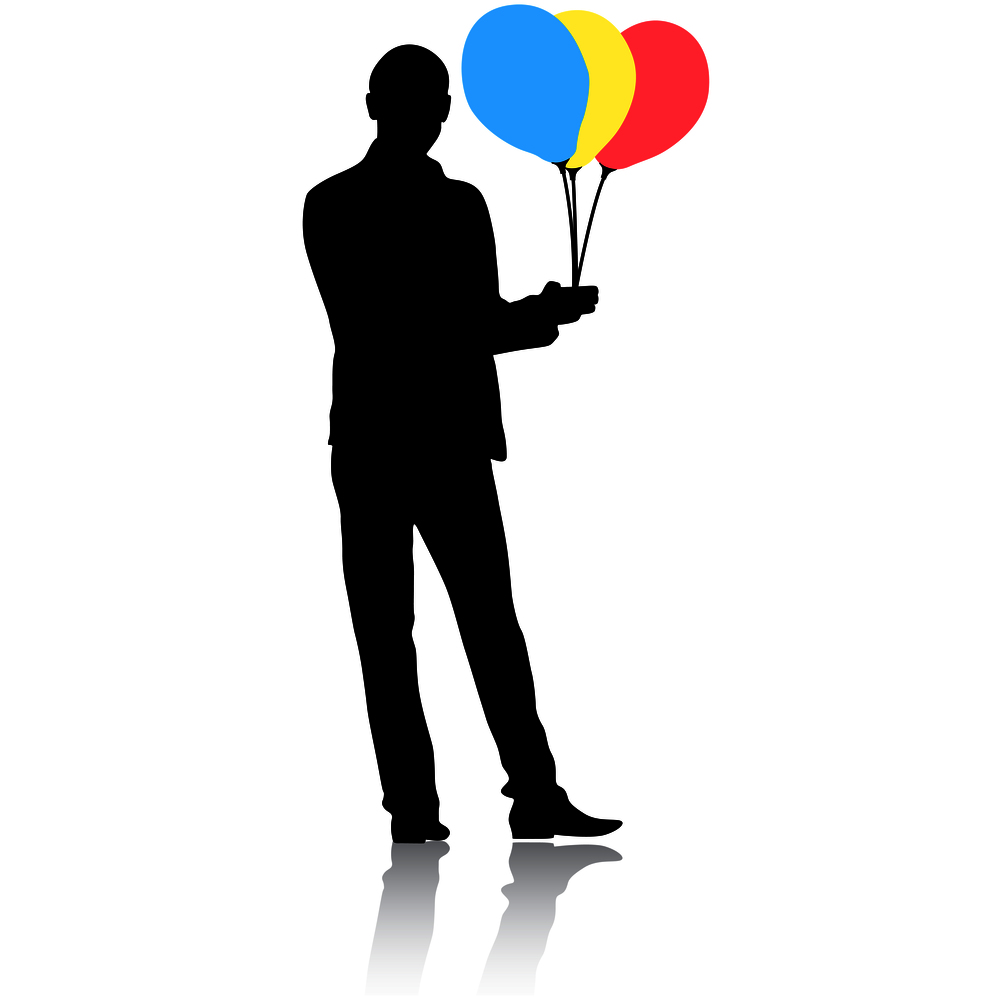 Silhouette of a men with balloons in hand on a white background.. Silhouette of a men with balloons in hand on a white background
