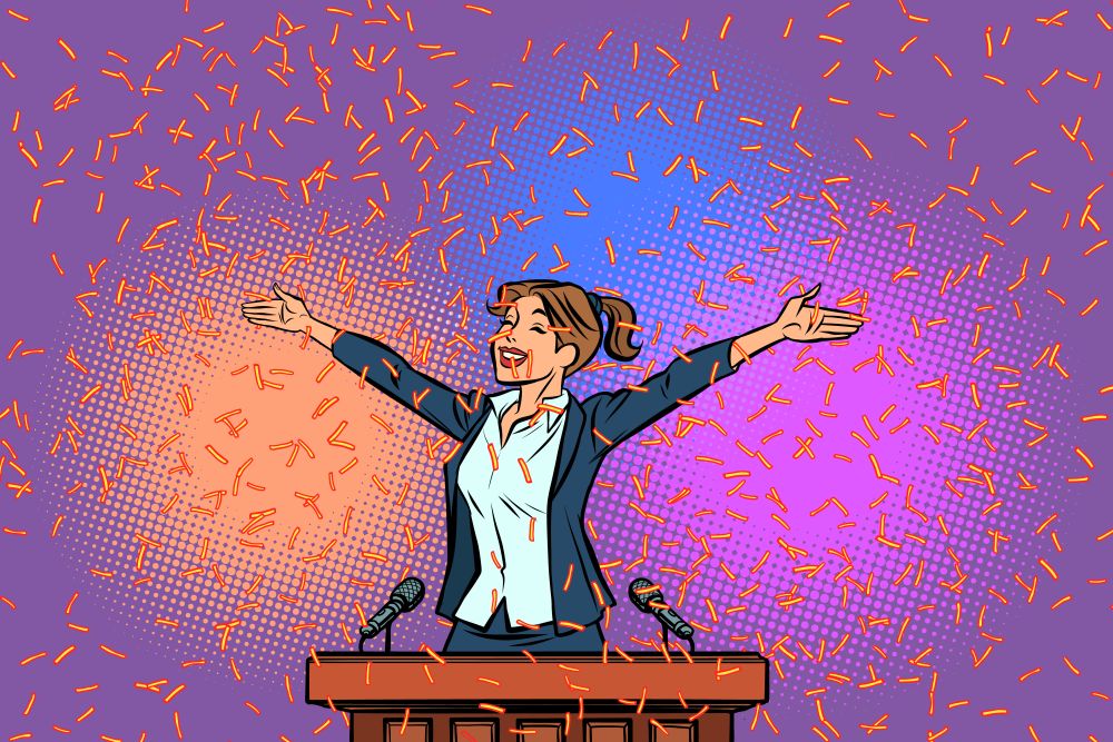 women winner politician triumph on the podium. Comic cartoon pop art retro illustration hand drawing. women winner politician triumph on the podium