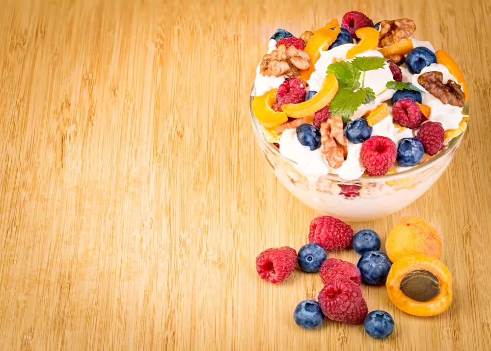 Dessert with yogurt and fresh berries. Dietary breakfast.