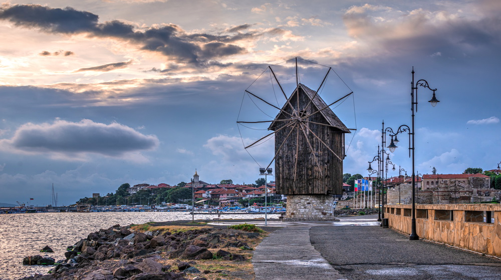 Nessebar, Bulgaria - 07.10.2019.  Old windmill on the way to the ancient city of Nessebar in Bulgaria. Old windmill in Nessebar, Bulgaria
