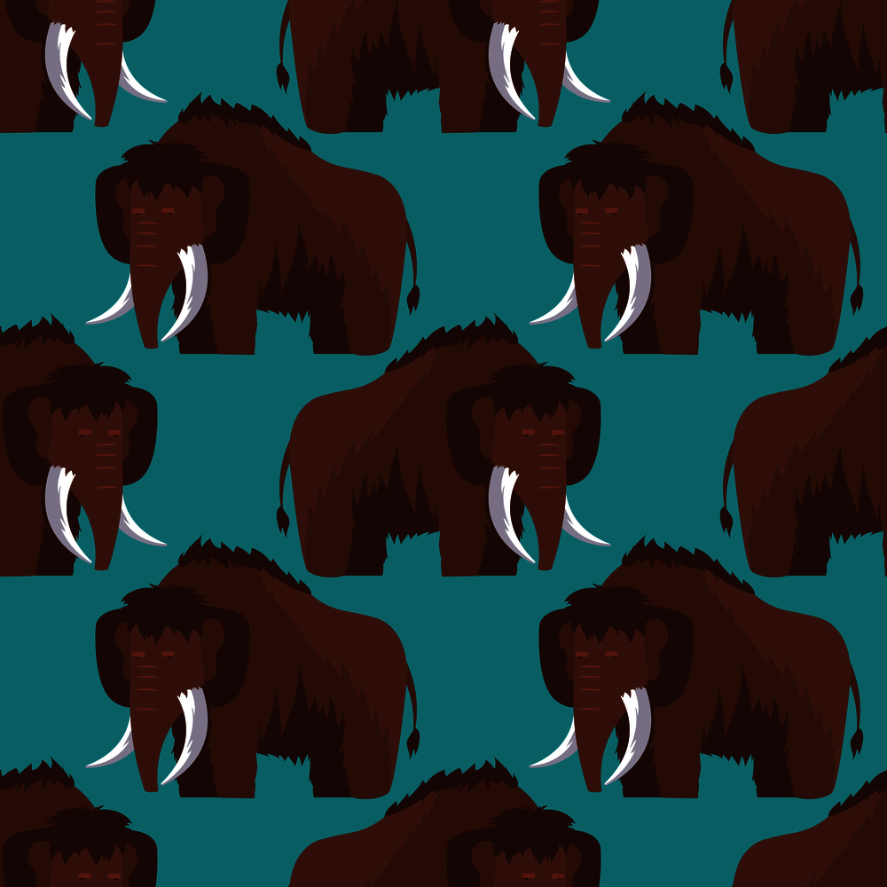Stone age mammoth seamless pattern color background. Vector flat illustration. Stone age mammoth seamless pattern color background