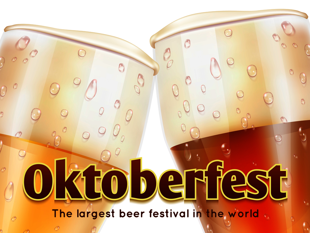 Oktoberfest banner with realistic glasses of beer isolated on white background. Vector beer drink holiday, illustration of banner party germany octoberfest. Oktoberfest banner with realistic glasses of beer isolated on white background