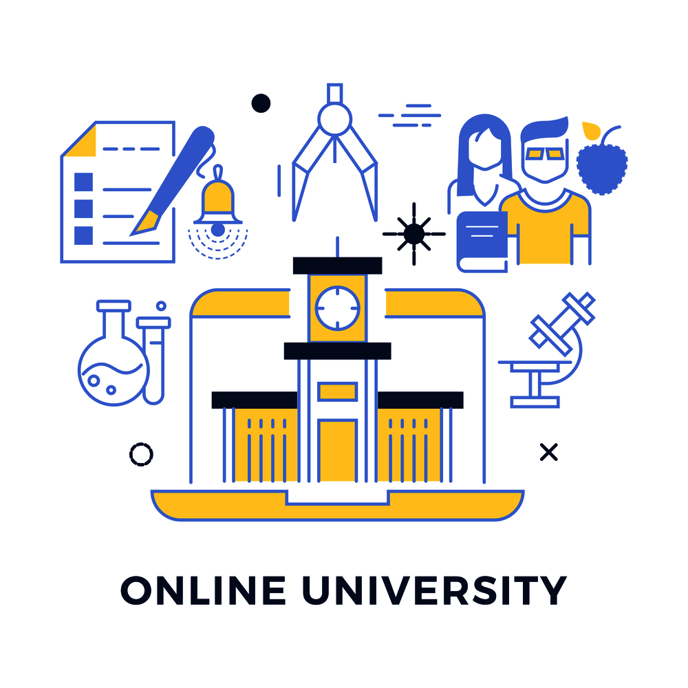 Online university flat outline vector concept isolated on white illustration. Online university flat outline vector concept