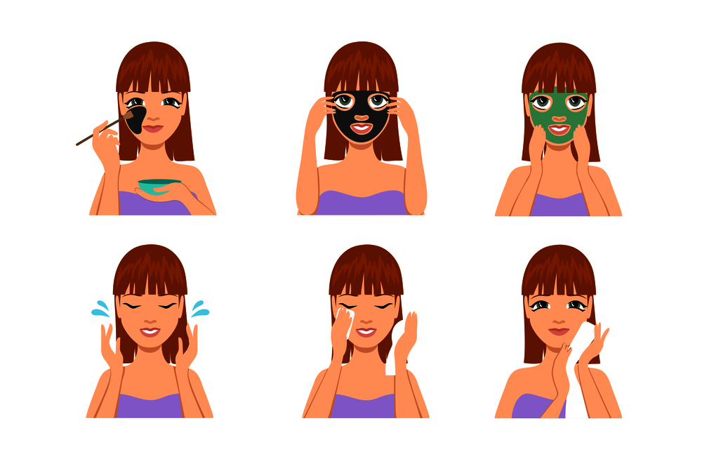 Beautiful woman with facial mask. Woman covering her face with cosmetic mask. Face treatment, skincare with scrub vector set. Illustration of facial mask face, care beauty female. Beautiful woman with facial mask. Woman covering her face with cosmetic mask. Face treatment, skincare with scrub vector set