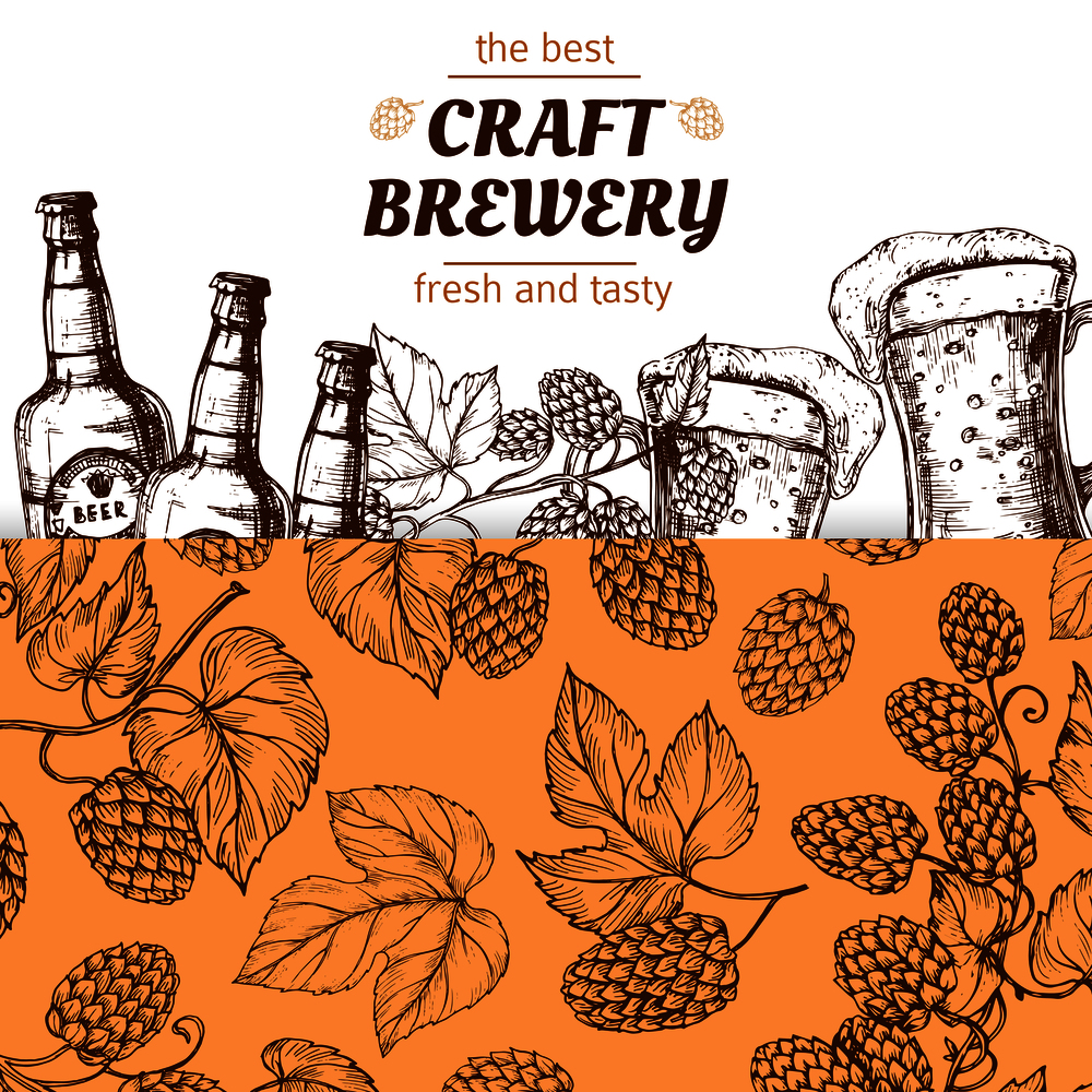 Craft brewery banner template with hand drawn hops and beer. Illustration of brewery beer alcohol, poster oktoberfest vintage. Craft brewery banner template with hand drawn hops and beer