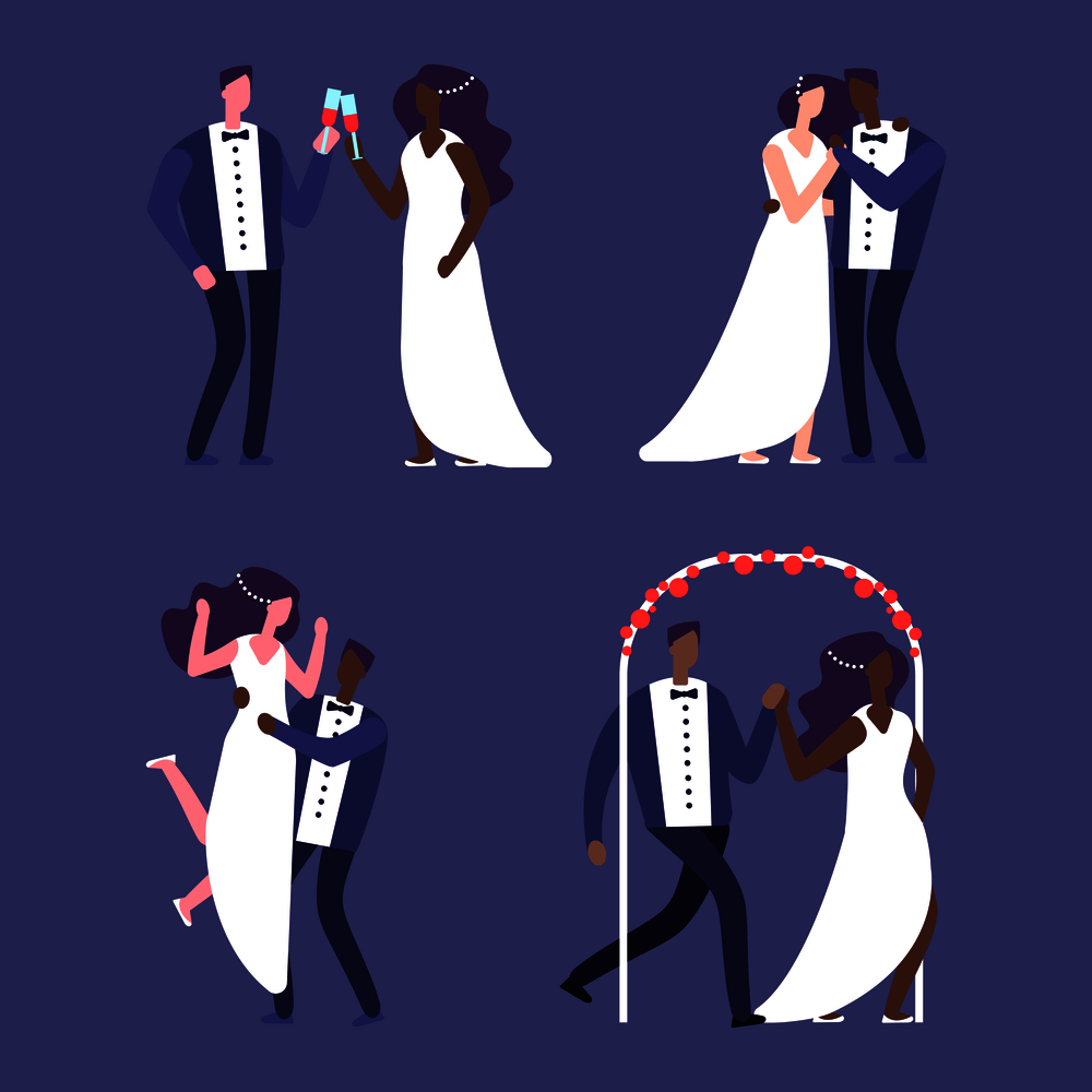 Interracial marriage, wedding couples vector characters. Couple marriage, love husband and bride illustration. Interracial marriage, wedding couples vector illustration characters