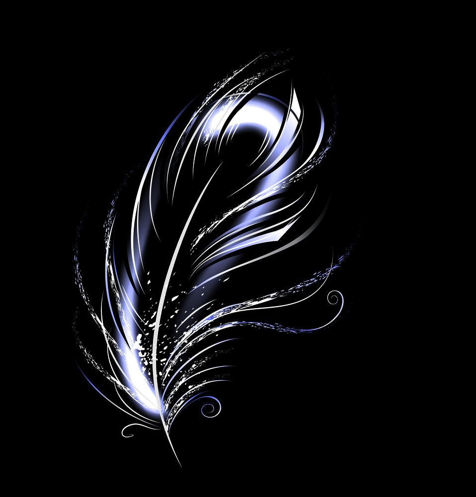 artistically painted, white, light, luminous feather on a black background