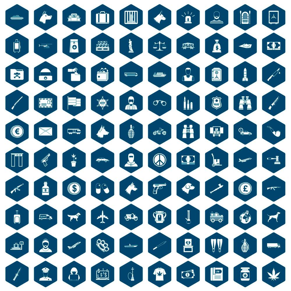 100 smuggling  icons set in sapphirine hexagon isolated vector illustration. 100 smuggling icons sapphirine violet