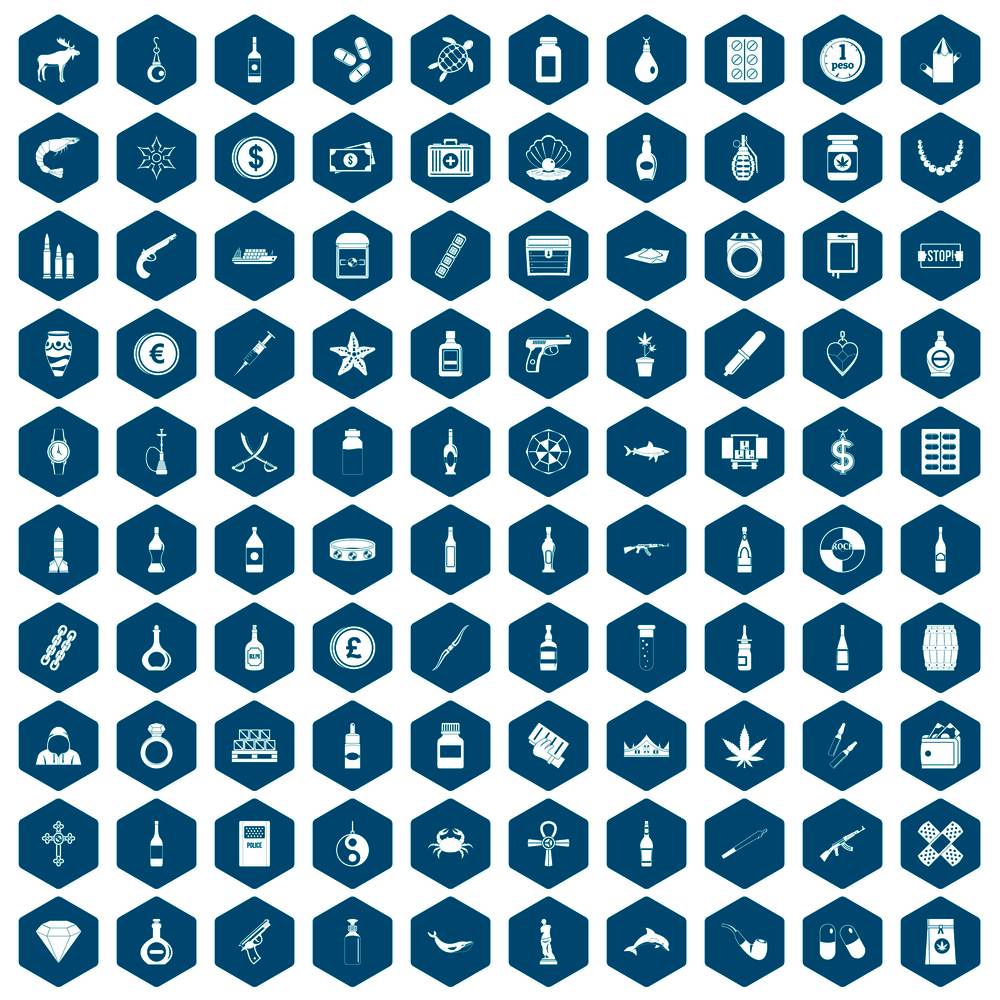 100 smuggling goods icons set in sapphirine hexagon isolated vector illustration. 100 smuggling goods icons sapphirine violet
