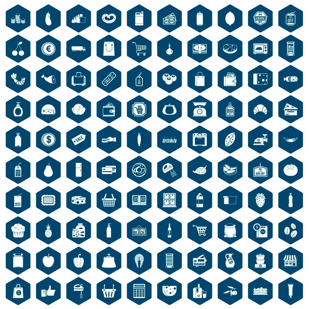 100 supermarket icons set in sapphirine hexagon isolated vector illustration. 100 supermarket icons sapphirine violet