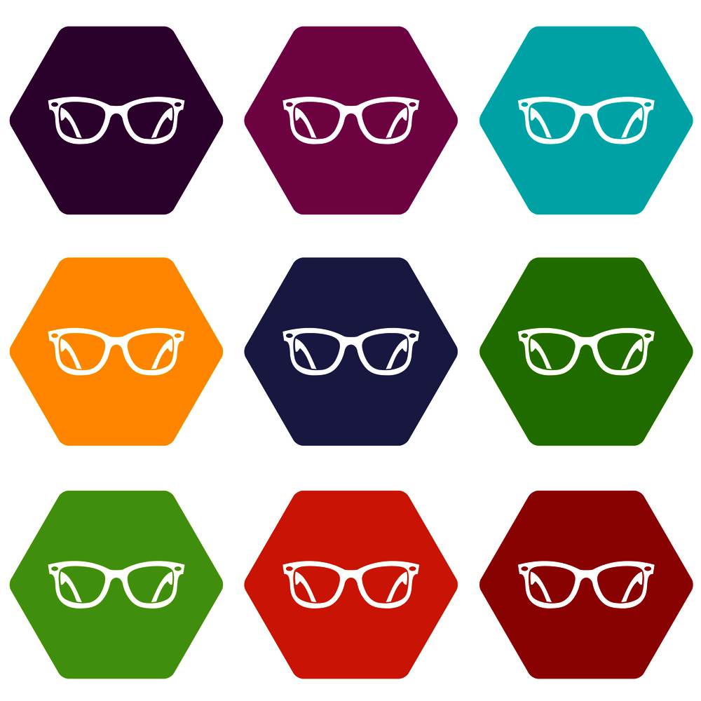 Eyeglasses icon set many color hexahedron isolated on white vector illustration. Eyeglasses icon set color hexahedron