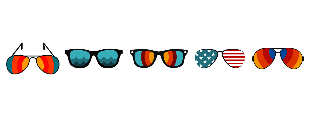 Sun glasses icon set. Flat set of sun glasses vector icons for web design isolated on white background. Sun glasses icon set, flat style
