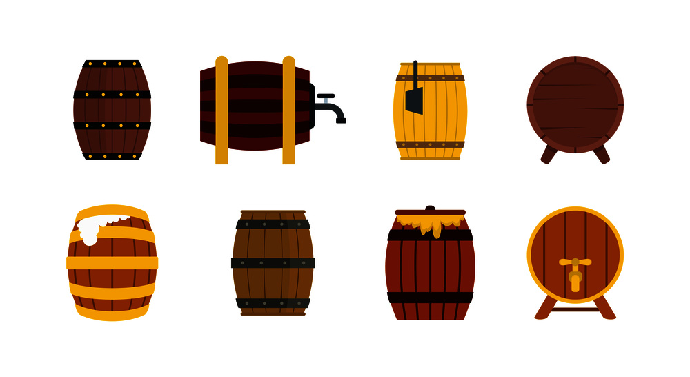 Wood barrel icon set. Flat set of wood barrel vector icons for web design isolated on white background. Wood barrel icon set, flat style
