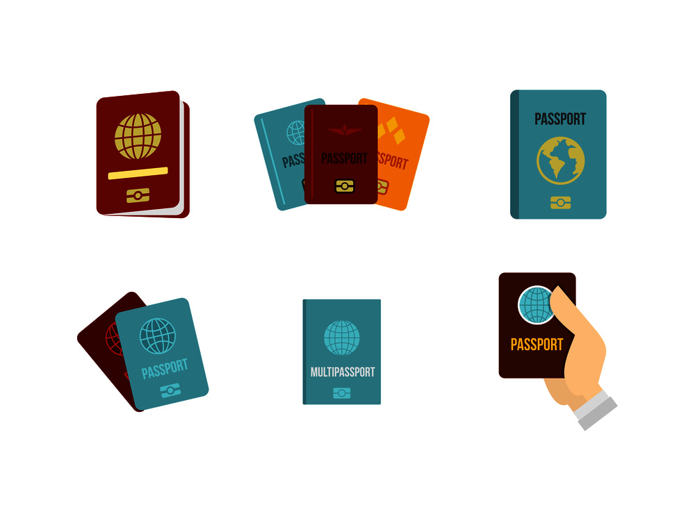 Passport icon set. Flat set of passport vector icons for web design isolated on white background. Passport icon set, flat style