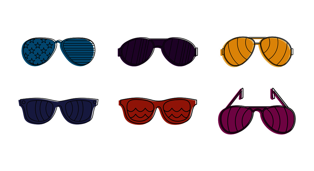 Sunglasses icon set. Color outline set of sunglasses vector icons for web design isolated on white background. Sunglasses icon set, color outline style
