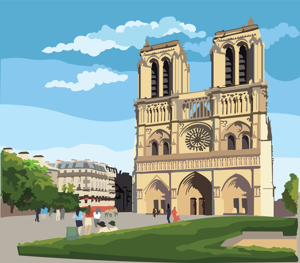 Colorful vector Illustration of Notre Dame Cathedral (Paris, France). Landmark of Paris. Cityscape with Notre Dame Cathedral.