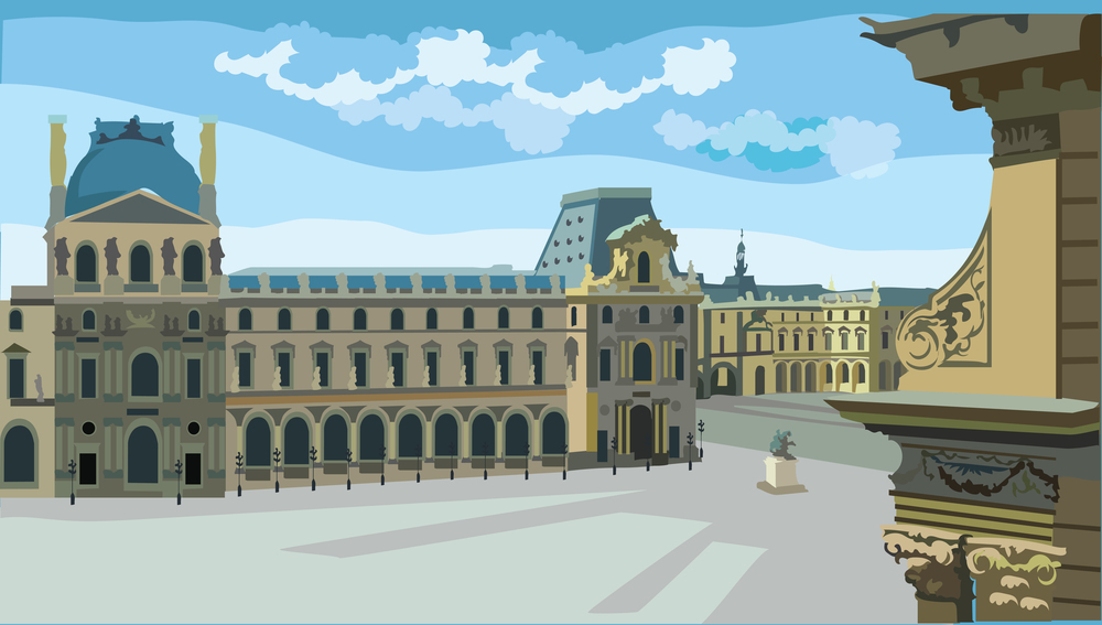 Colorful vector Illustration of Louvre museum, landmark of Paris, France. Cityscape with museum. Colorful vector illustration, cityscape of Paris.