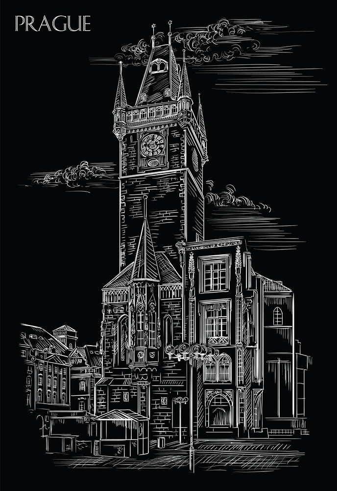 Vector hand drawing Illustration of Old Town Hall in Prague. Landmark of Prague, Czech Republic. Vector illustration in white color isolated on black background.