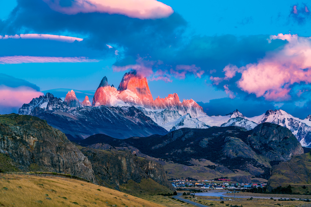 View of Mount Fitz Roy in the morning sunlight at El Chalten Village in the Los Glaciares National Park, Argentina