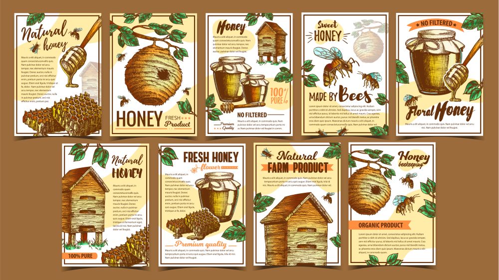 Bee Insect, Wild And Wooden Beehive Posters Vector. Bee Insects, Dipper Stick, Glass Bottle With Honey And Honeycombs. Beekeeping And Sweet Organic Product Layout Designed In Retro Style Illustrations. Bee Insect, Wild And Wooden Beehive Posters Vector
