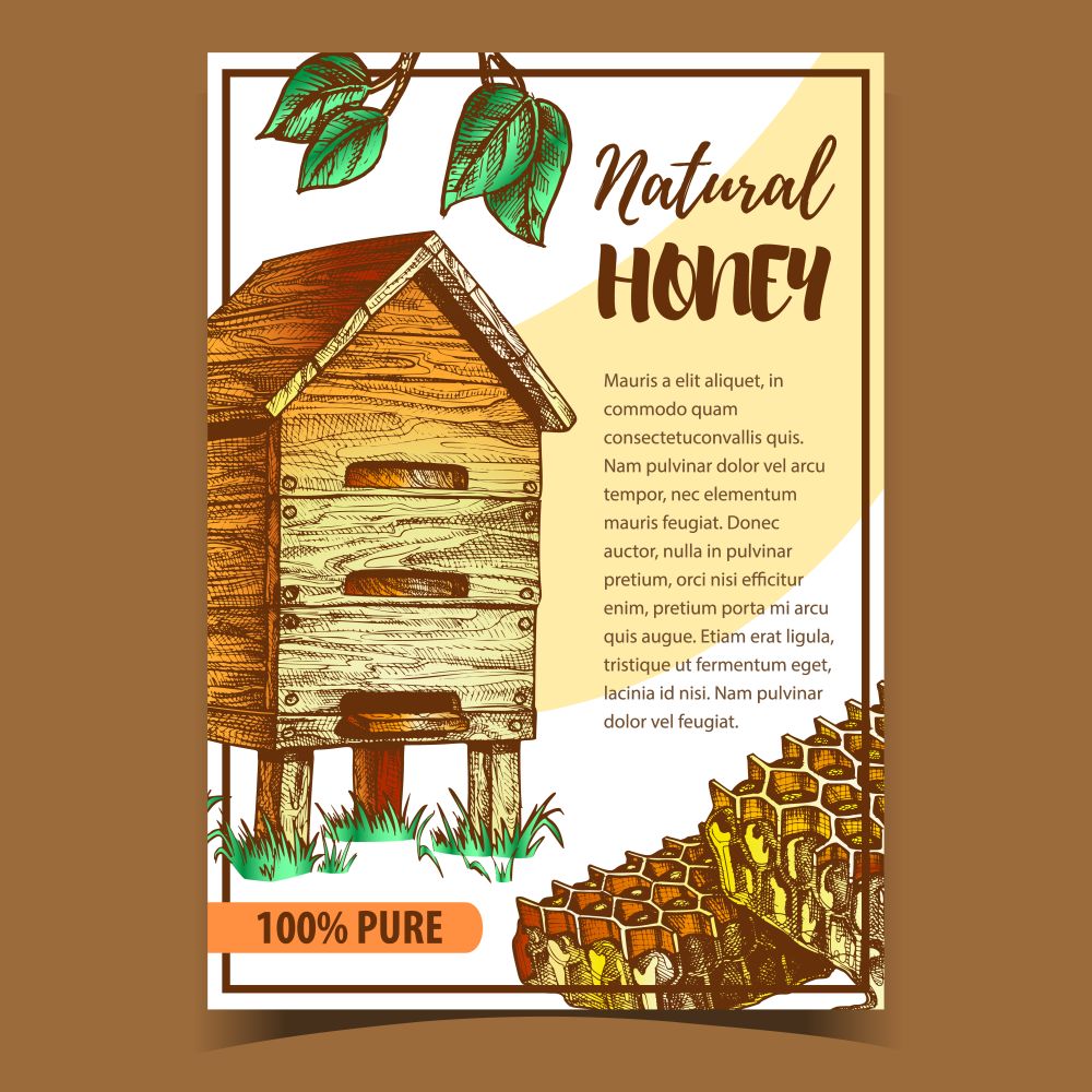 Honeycomb And Farm Wooden Beehive Poster Vector. Honeycomb, Bee Hive And Green Leaves On Creative Advertising Banner. Apiary For Produce Natural Honey Template Hand Drawn In Vintage Style Illustration. Honeycomb And Farm Wooden Beehive Poster Vector