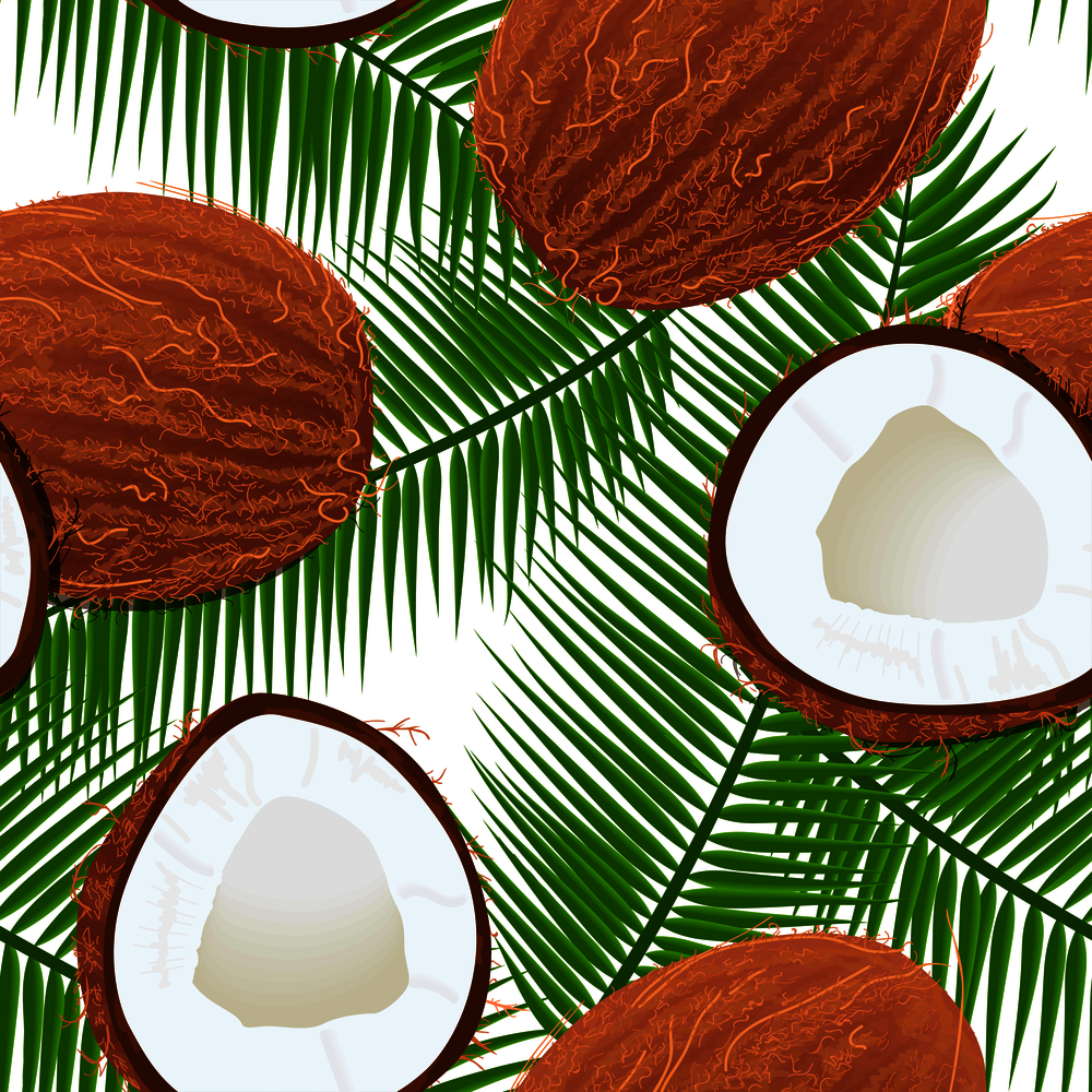 Whole and cracked Ripe coconuts and palm leaves Seamless pattern. place for text. label template. Tropical Vector illustration. Idea for logo, label, perfumery, cosmetics, drinks, cloth, prints. Whole and cracked Ripe coconuts and palm leaves Seamless pattern. place for text. label template.