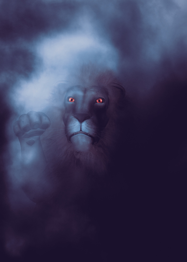 Digital rendered illustration of a 3d lion in the dark misty night scene.