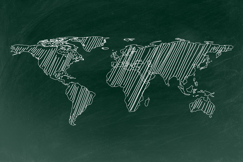 World map drawing on chalkboard texture background, blackboard sketch global presentation, education concept.