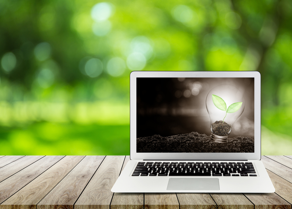 Light bulb with plant growing inside on soil ecology with laptop on wooden table nature green background , Concept of conserve environment.