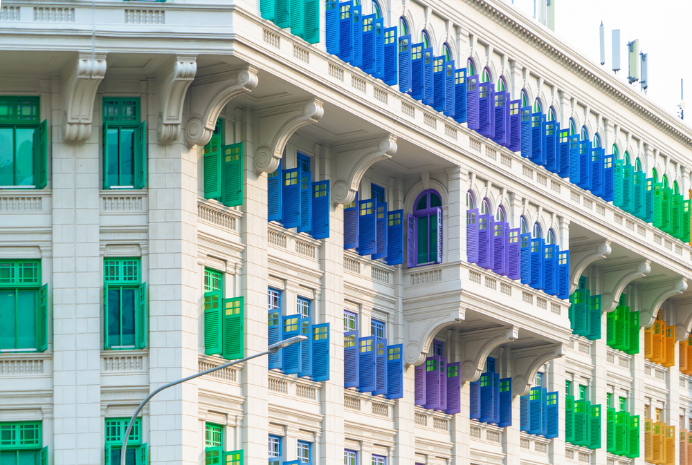 Colorful rainbow pastel building with facade windows background. Architecture building design in Former Hill Street Police Station near Clarke Quay, Singapore City.