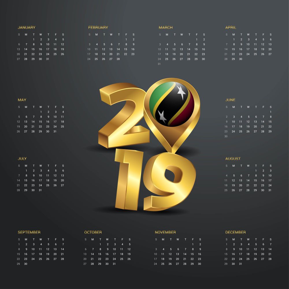 2019 Calendar Template. Golden Typography with Saint Kitts and Nevis Country Map Golden Typography Header