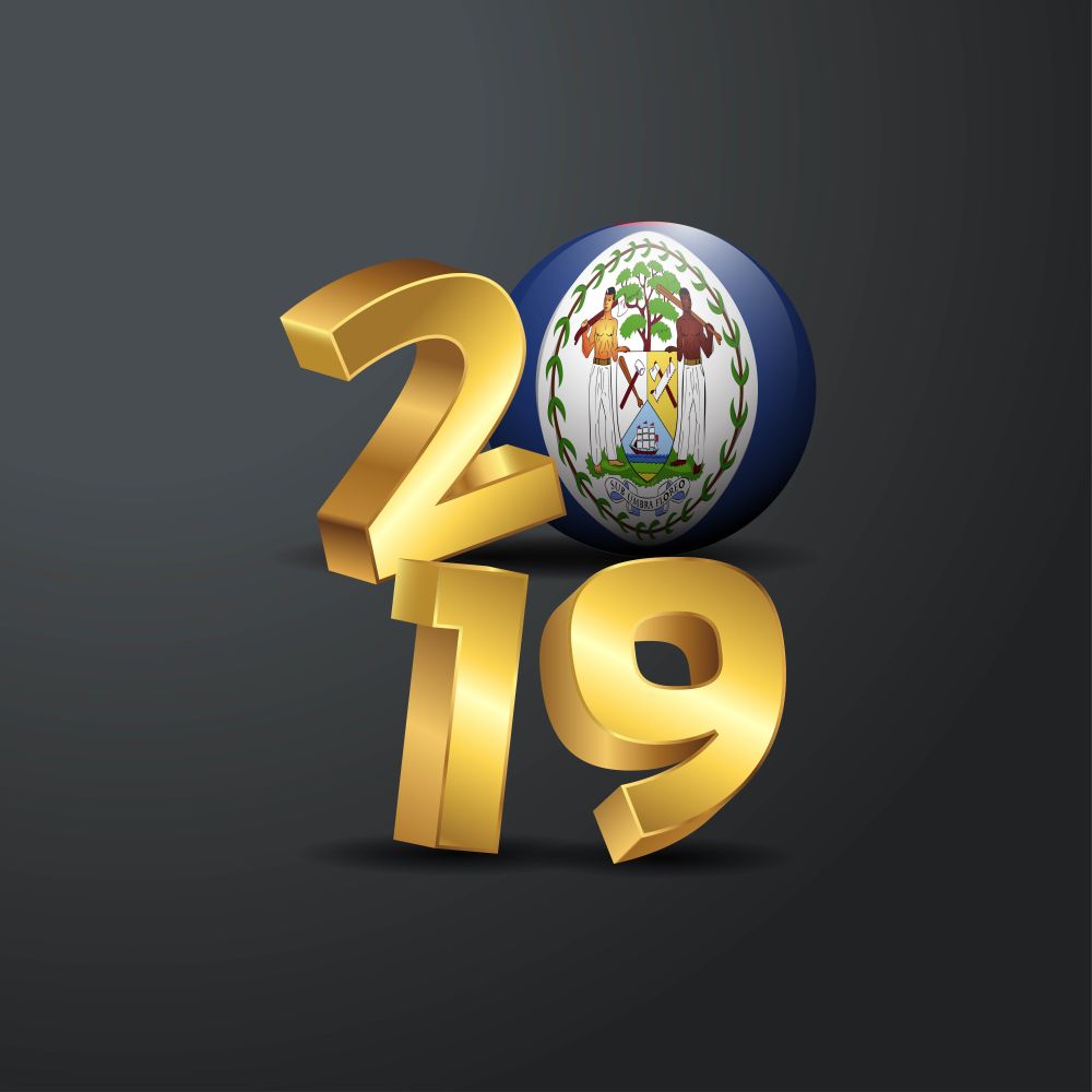 2019 Golden Typography with Belize Flag. Happy New Year Lettering