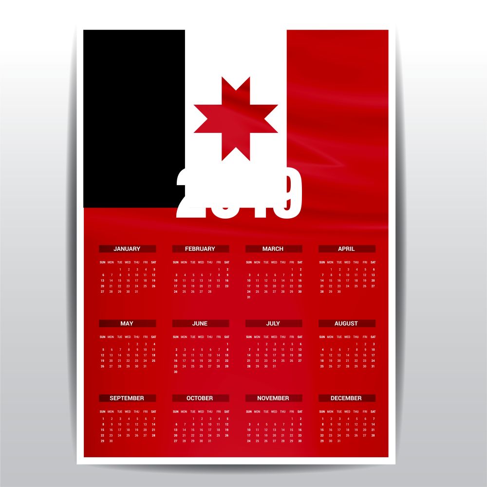 Calendar 2019 Udmurtia Flag background. English language