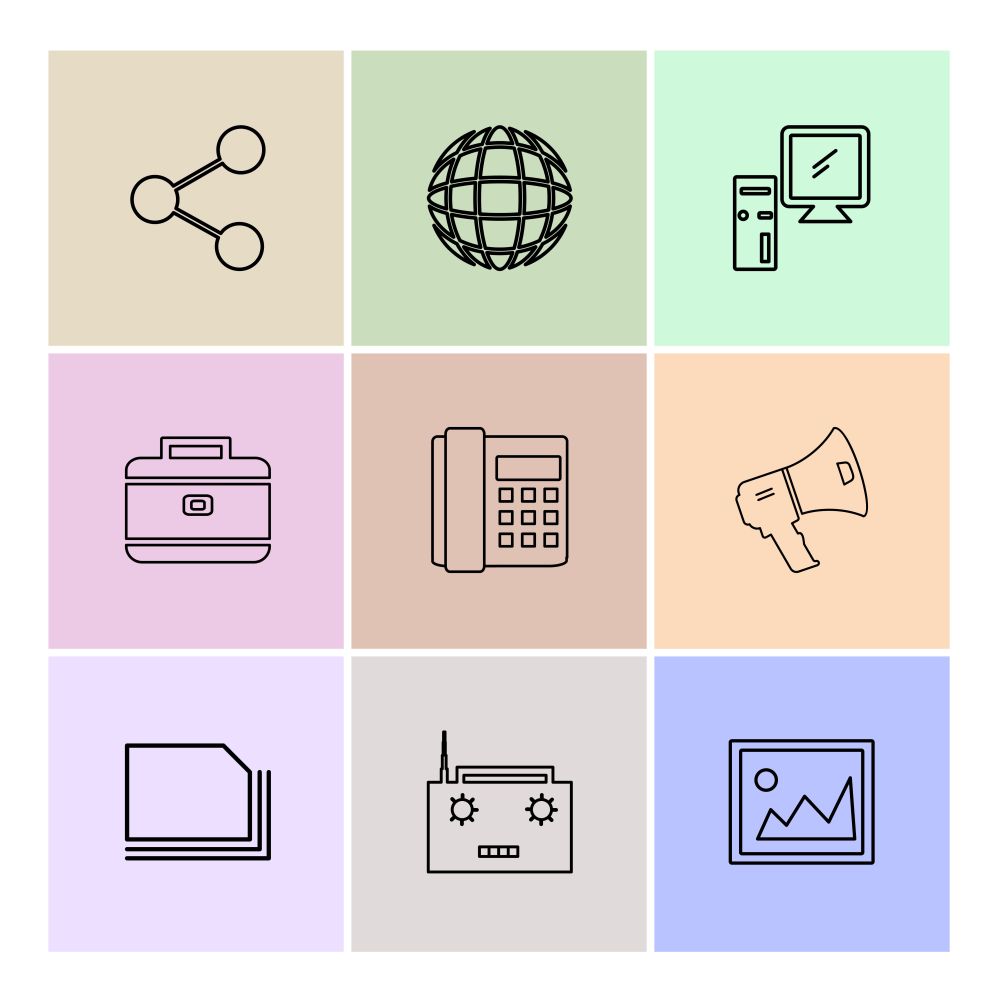 share , speaker , telephone , image ,breifcase , computer, radio , card ,icon, vector, design,  flat,  collection, style, creative,  icons