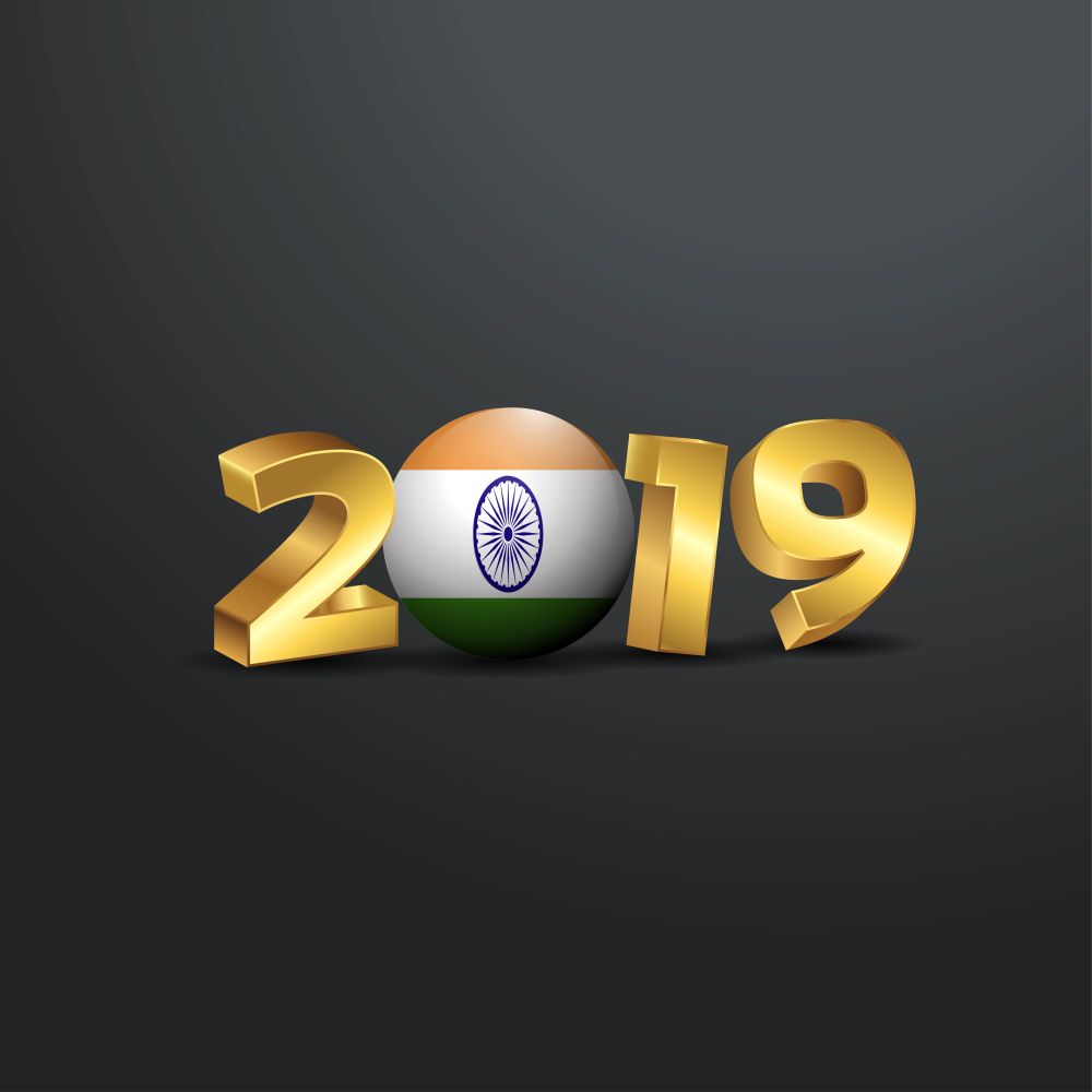 2019 Golden Typography with India Flag. Happy New Year Lettering