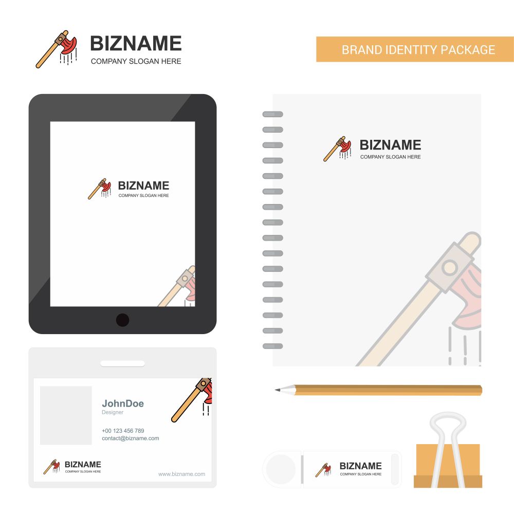 Bloody axe Business Logo, Tab App, Diary PVC Employee Card and USB Brand Stationary Package Design Vector Template