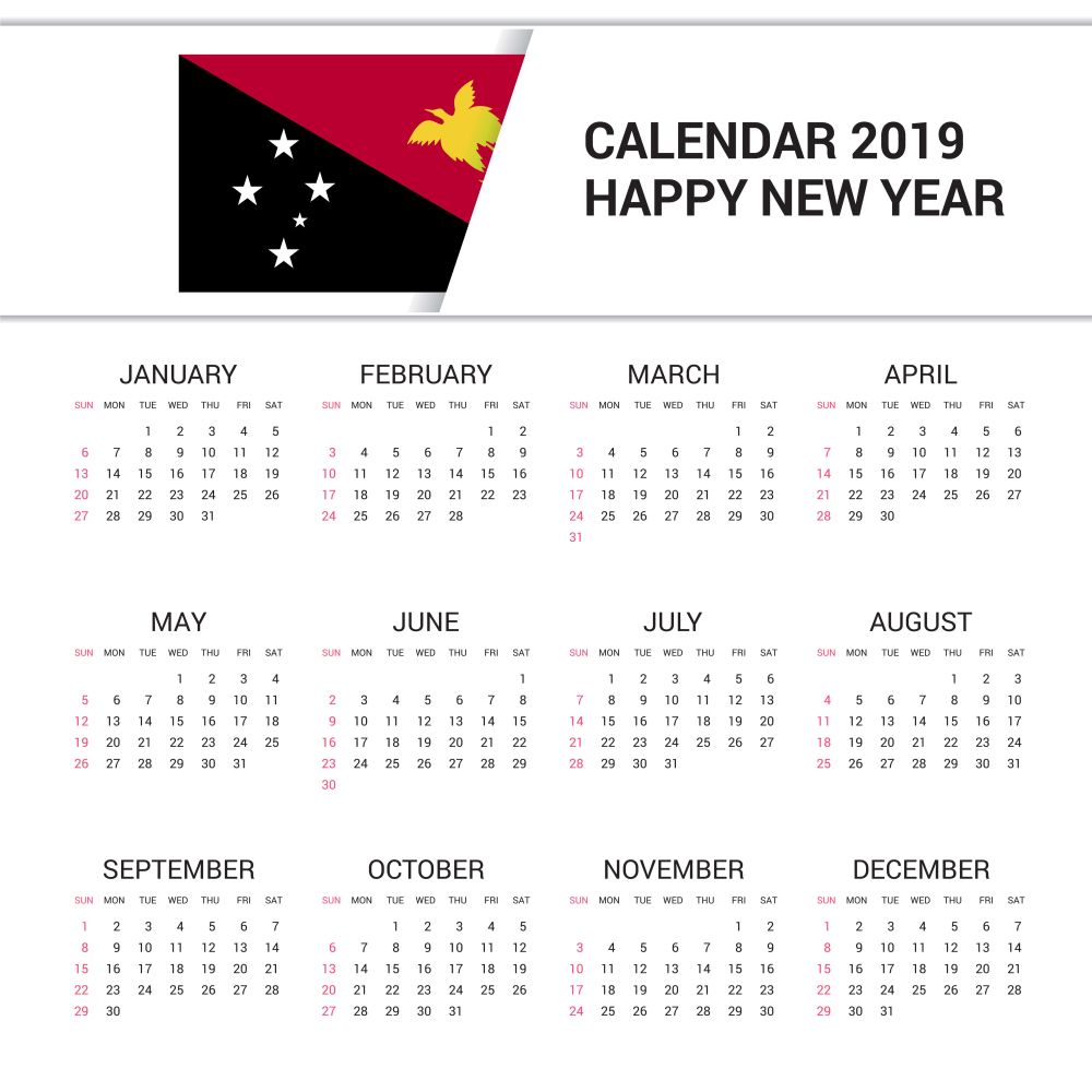 Calendar 2019 Papua New Guinea Flag background. English language