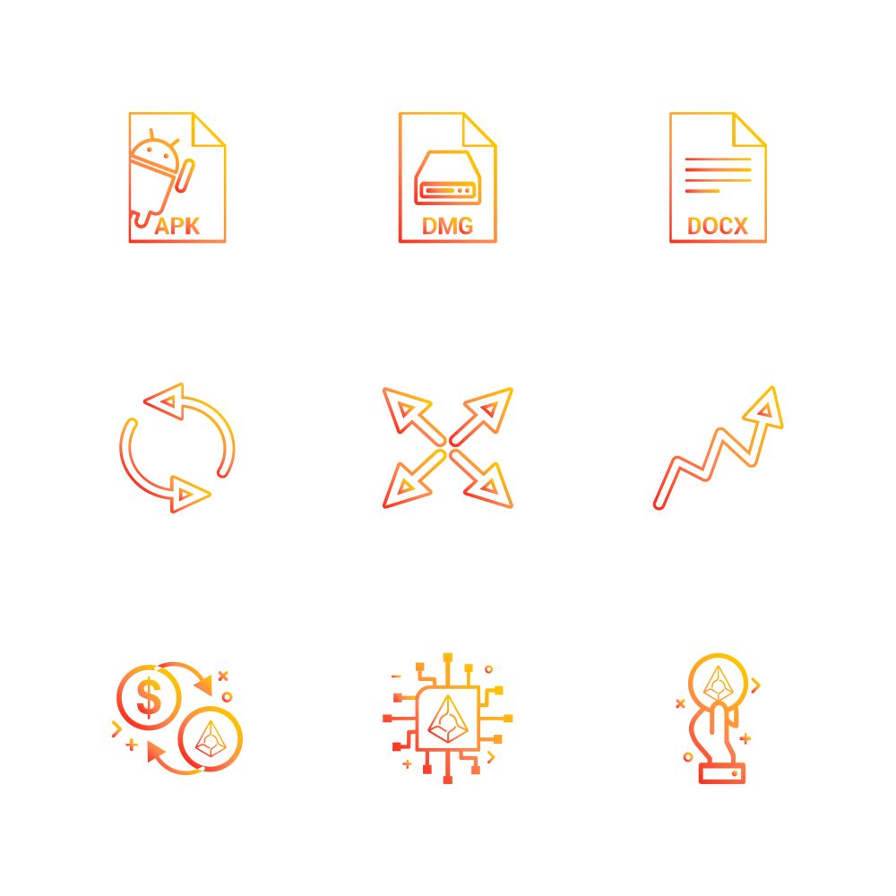 Apk , android,  dmg , apple , docx, docuument , reset , arrows , graph , dollar,  crypoto currency , icon, vector, design,  flat,  collection, style, creative,  icons