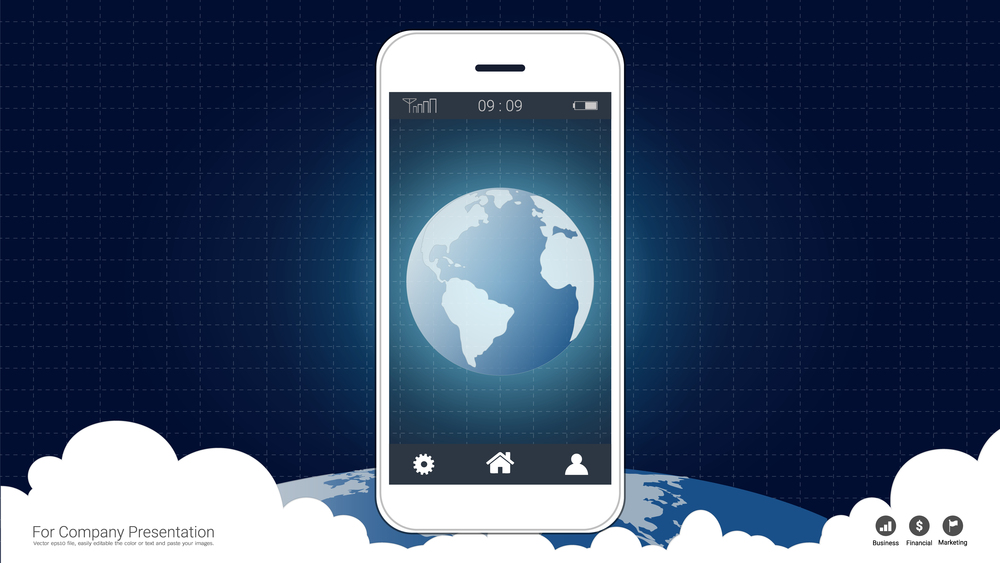 Smart phone screen with Global network connection background, Symbol of International communication, Social media and Digital devices technology which spans the entire earth.