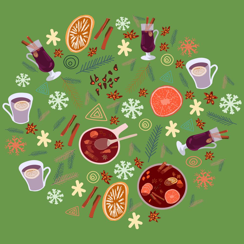 Mulled wine spices, pine tree twigs in circle shape on green background. Festive greeting card, banner, poster sketch design. Vector